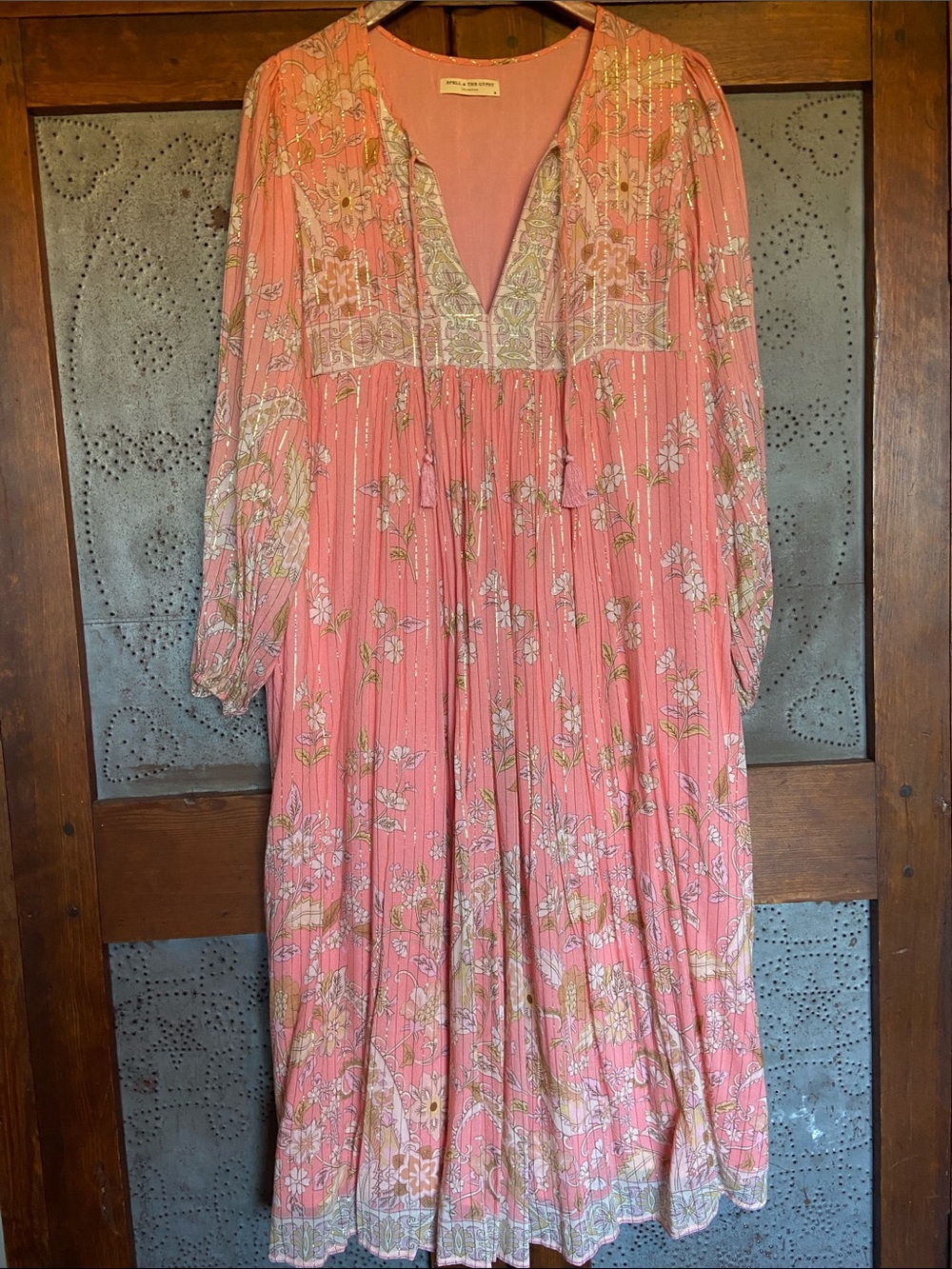 NWOT Spell & the Gypsy Hendrix Pink Gold Metallic Boho Flowy Dress Size M
